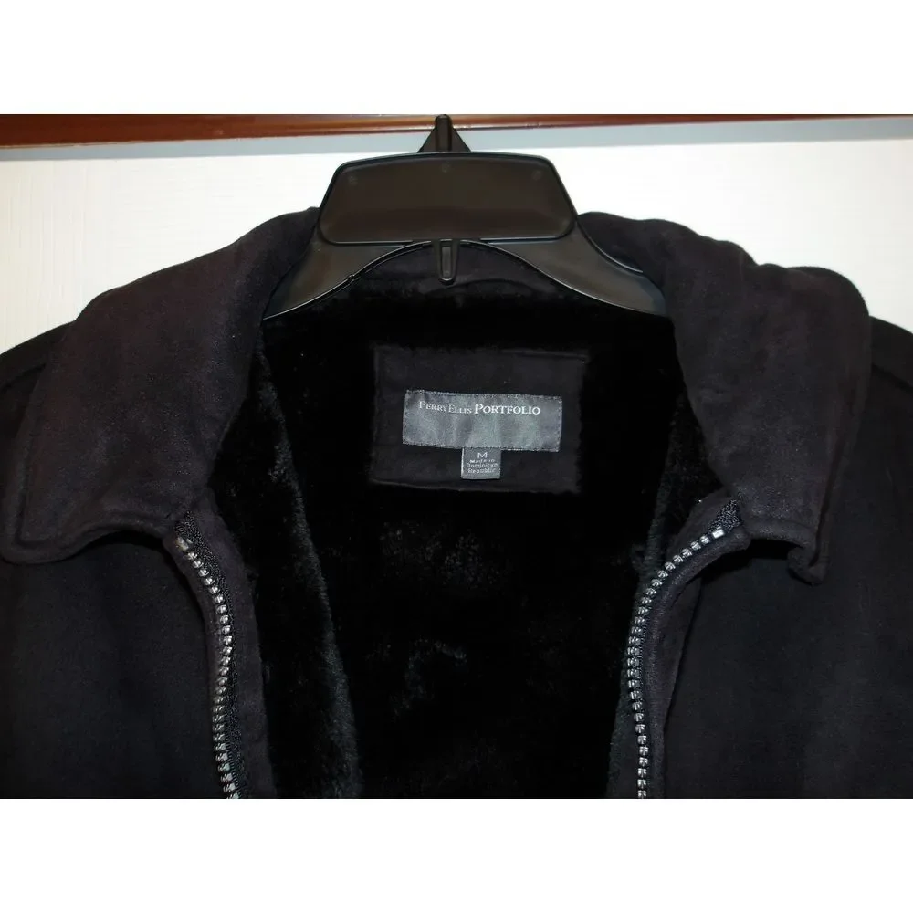 Vintage Perry Ellis Portfolio Black Faux fur heavy Lined  Jacket‎  Winter Coat